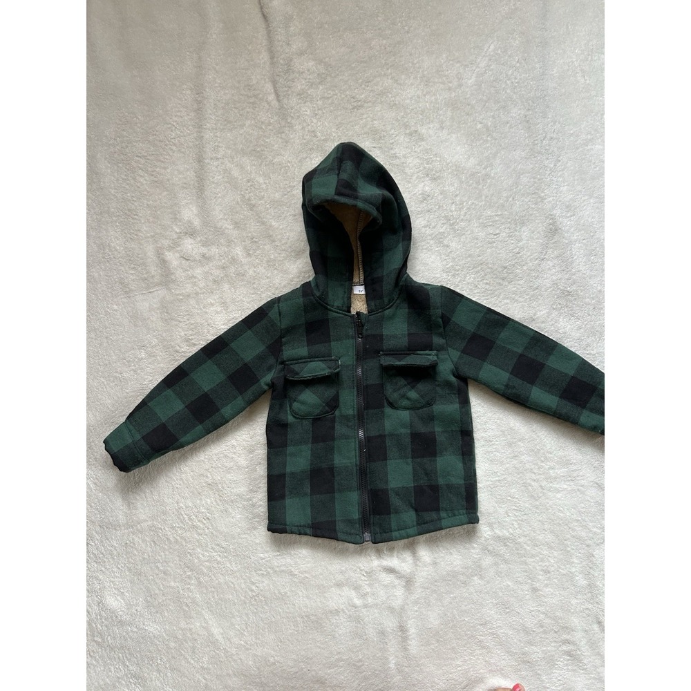 Light winter jacket green and black plaid zip up toddler boys sz 5